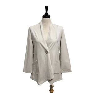 Habitat Putty Grey Off White One Button Asymmetrical V Neck Slub Inserts Jacket